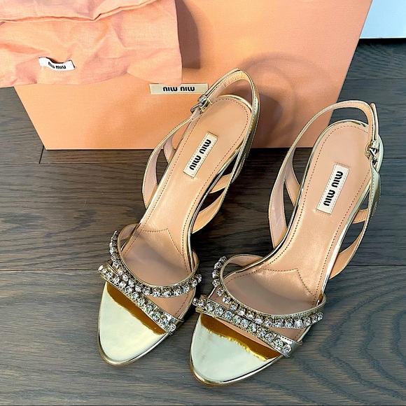 Miu Miu Shoes - NWT: Miu Miu heeled sandals. Champagne gold, with pirite crystal detail, size 40